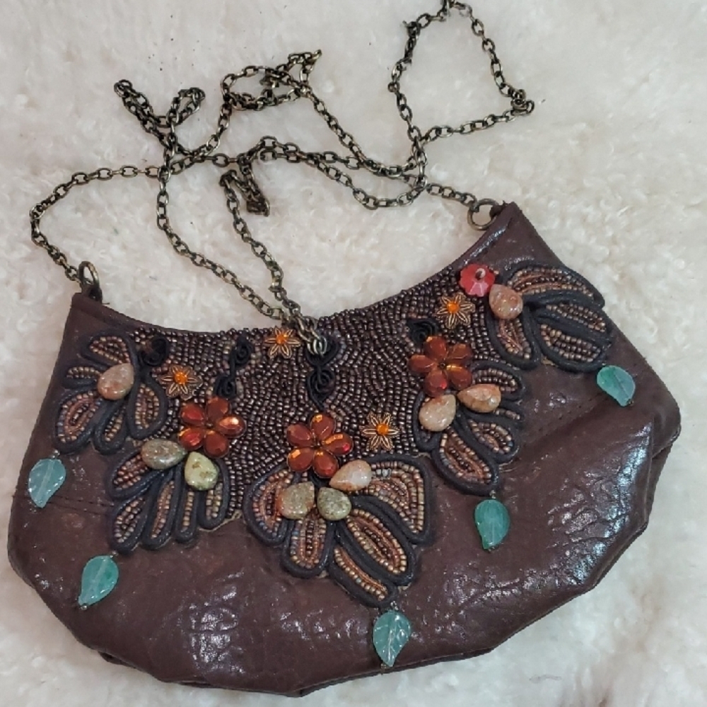 Mary Frances VINTAGE Brown Leathrr Embellished Beaded Shoulder Bag 8 X 4.5